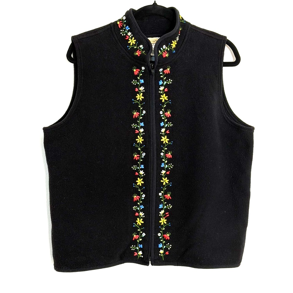 VTG Talbots Sweater Vest Fleece Black Women's PL Embroidered Floral